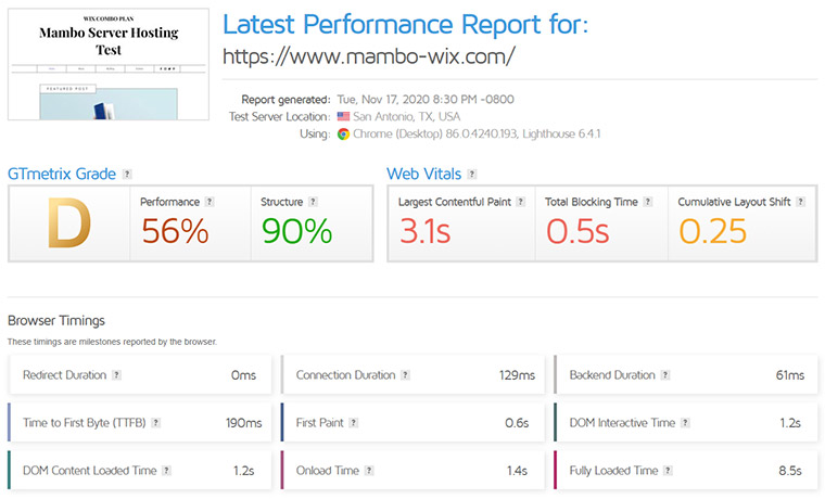 Wix GTMetrix Speed Report November